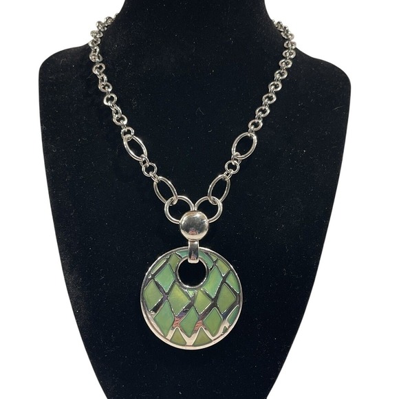 Lia Sophia Jewelry - Lia Sophia Silver Tone Green Enamel Geometric Pendant Necklace